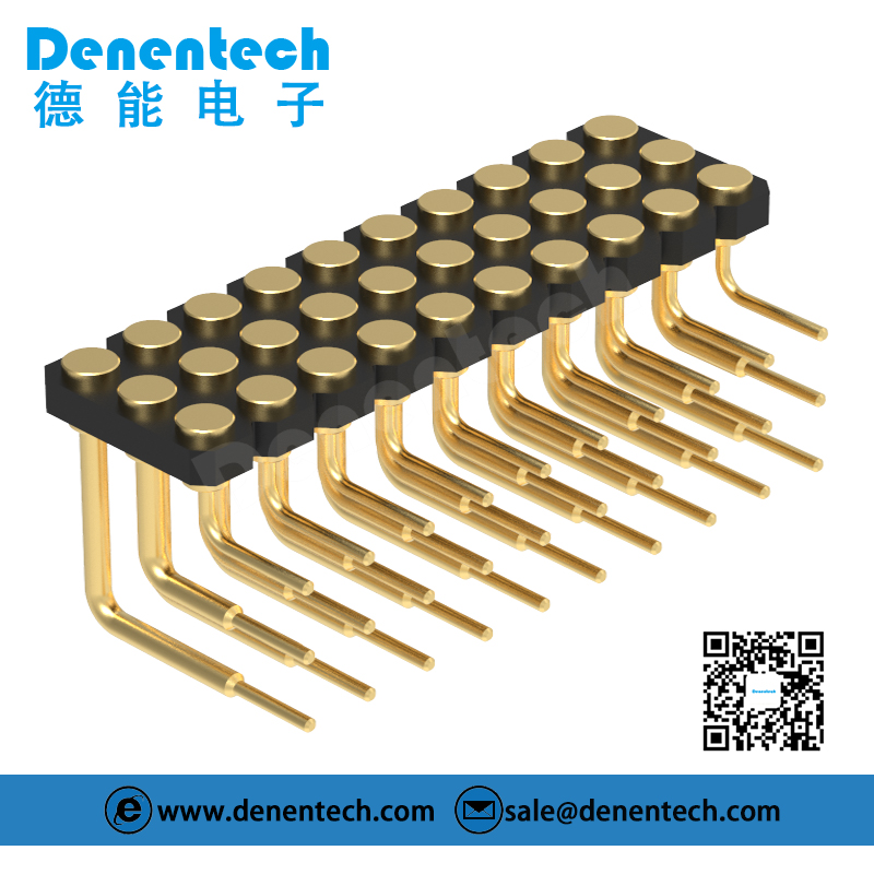 Denentech 2.54MM pogo pin H1.27MM triple row female right angle SMYconcave with peg high current pogo pin connector