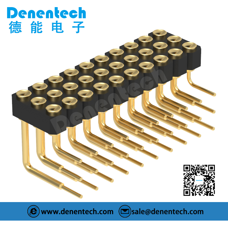 Denentech 2.54MM pogo pin H2.5MM triple row female right angle concave customization spring loaded magnetic pogo pin connector