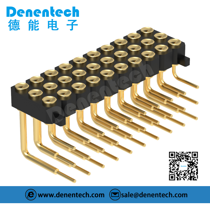 Denentech Factory supply 2.54MM pogo pin H2.5MM triple row female right angle gold plate Connector spring loaded pogo pin for smart watch