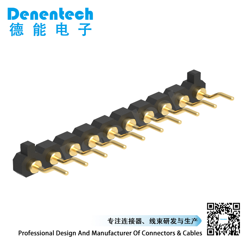 Denentech 2.54MM pogo pin H1.27MM single row female right angle concave gold plated pogo pins pogo pin charger connector with peg