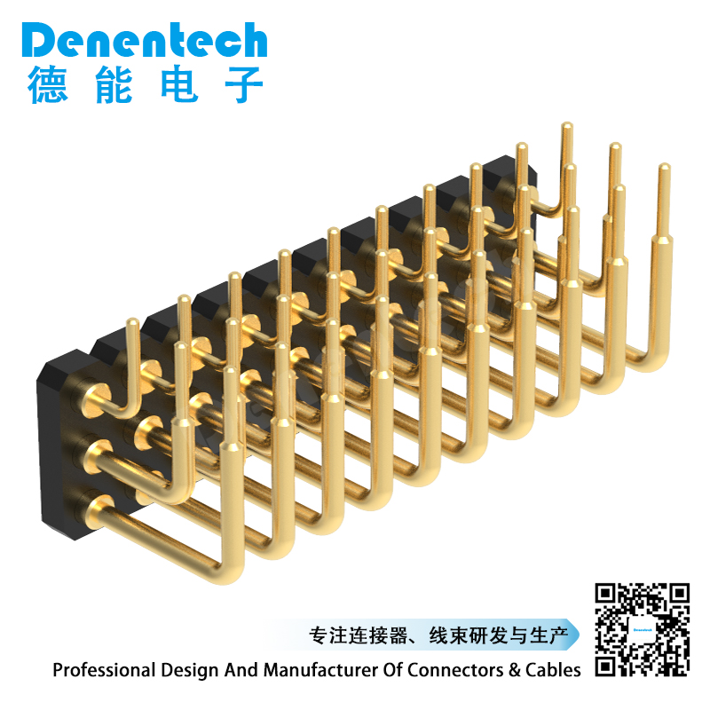 Denentech 2.54MM pogo pin H1.27MM triple row female right angle SMYconcave with peg high current pogo pin connector