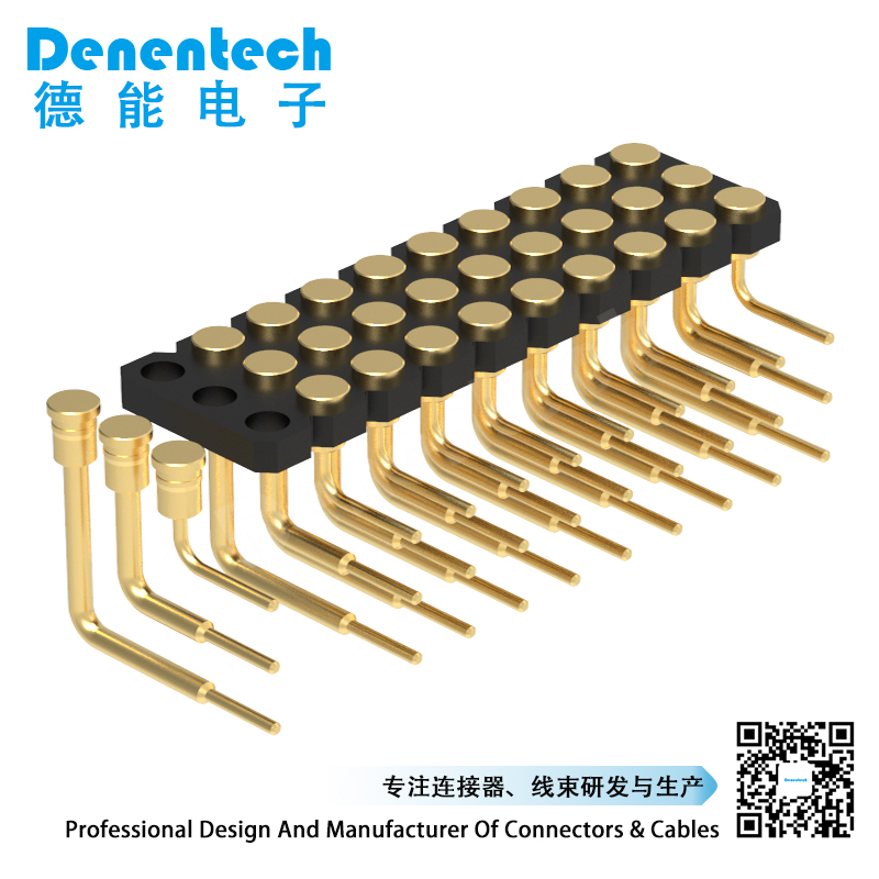 Denentech 2.54MM pogo pin H1.27MM triple row female right angle SMYconcave with peg high current pogo pin connector