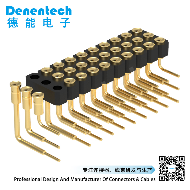 Denentech 2.54MM pogo pin H2.5MM triple row female right angle concave customization spring loaded magnetic pogo pin connector