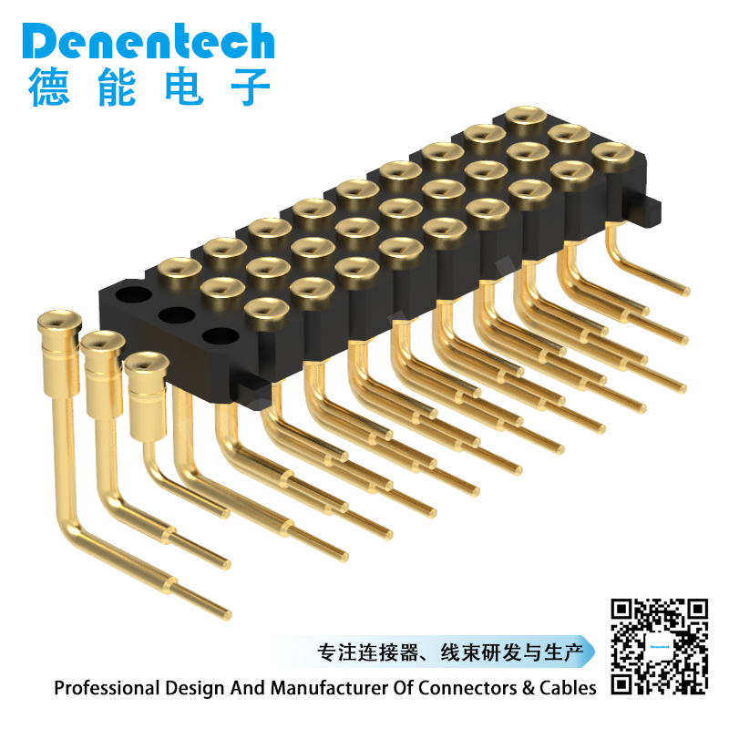 Denentech Factory supply 2.54MM pogo pin H2.5MM triple row female right angle gold plate Connector spring loaded pogo pin for smart watch