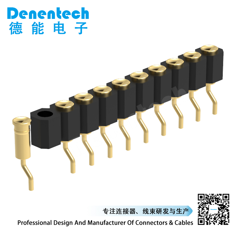 Denentech 2.54MM pogo pin H4.0MM single row female right angle SMT concave spring loaded pogo pin connector