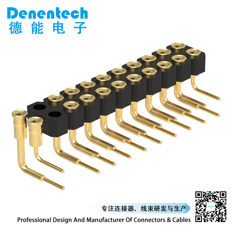 Denentech ODM 2.54MM pogo pin H2.5MM dual row female right angle Gold-Plated Contact Pogopin Spring Charging Pin connector