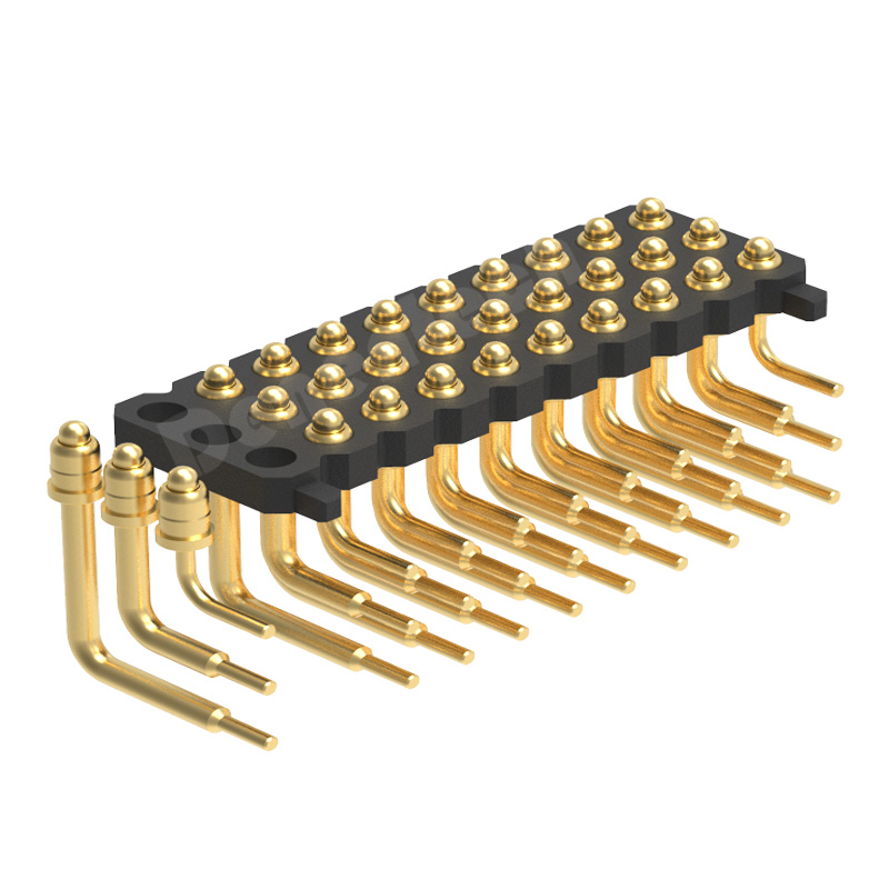 Denentech 2.0MM H1.27MM triple row male right angle pogo pin connector with peg