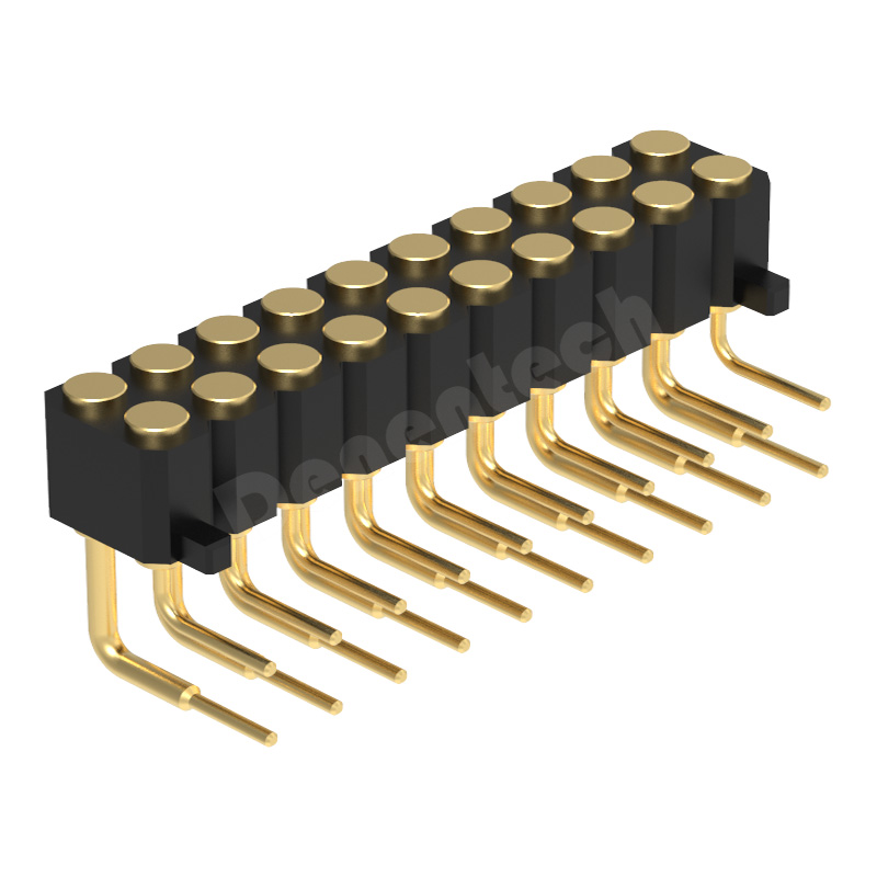 Denentech 2.54MM pogo pin H4.0MM dual row female right angle spring loaded pogo pin connector with peg