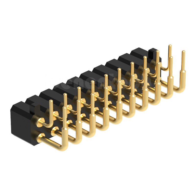 Denentech 2.54MM pogo pin H4.0MM dual row female right angle spring loaded pogo pin connector with peg