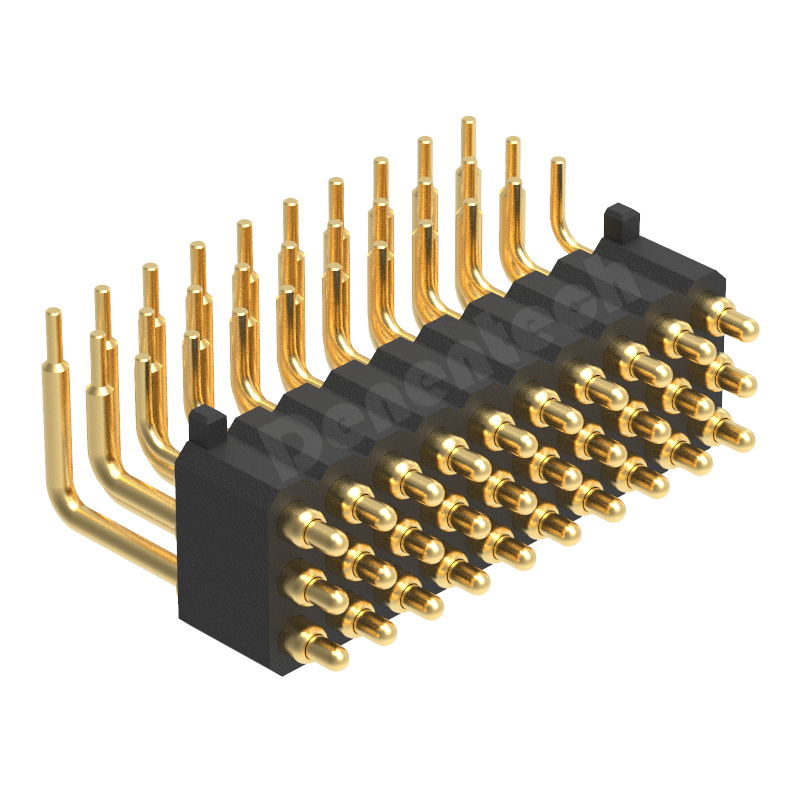 Denentech gold plated  2.0MM pogo pin H4.0MM triple row male right angle pogo pin connector with peg