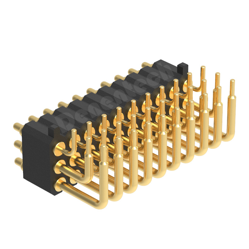 Denentech gold plated  2.0MM pogo pin H4.0MM triple row male right angle pogo pin connector with peg