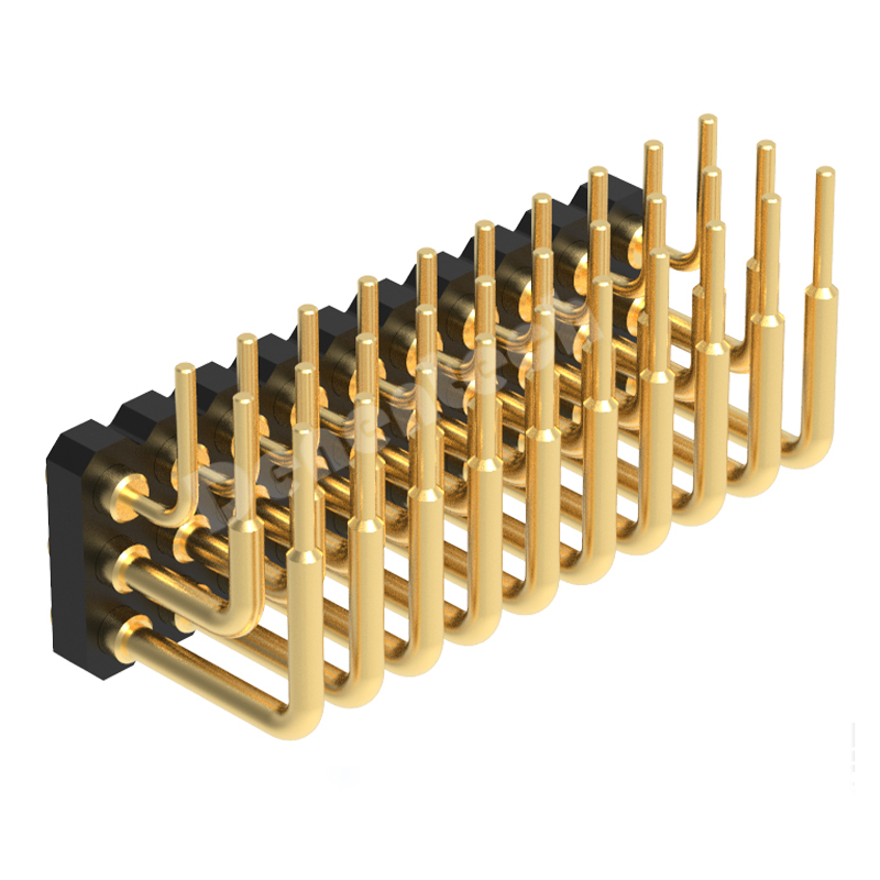 Denentech gold plated 2.00MM H1.27MM triple row female right angle SMT pogo pin 