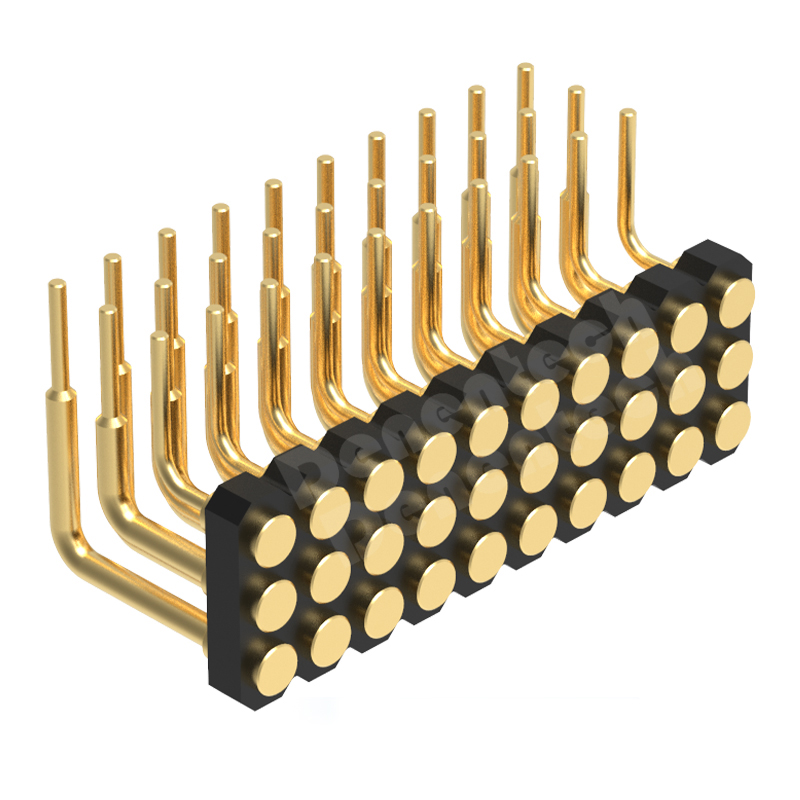 Denentech gold plated 2.00MM H1.27MM triple row female right angle SMT pogo pin 