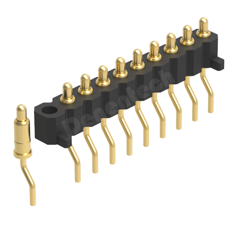 Denentech high quality 2.0mm pitch H2.5mm single row male right angle SMT pogo pin connector with peg