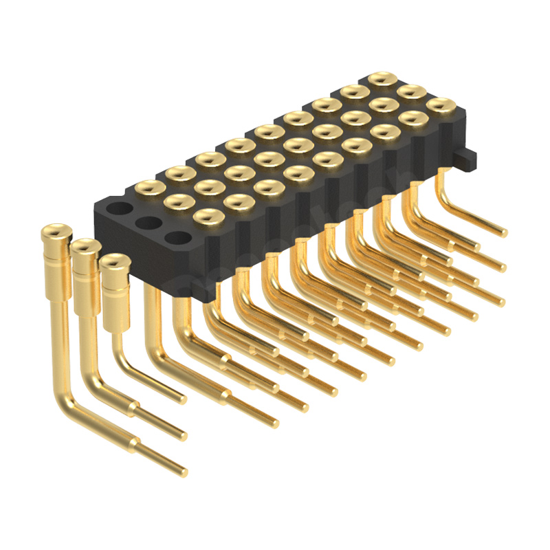 Denentech Gold plated bending 2.00MMH2.5 triple row female pogopin connector right angle concave with column spring pins