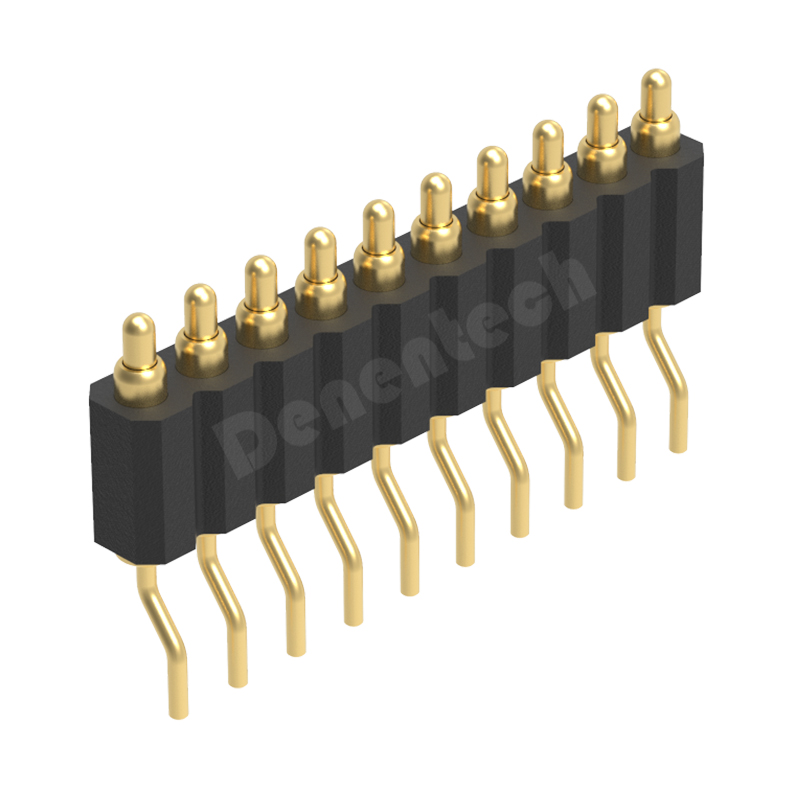 Denentech customized 2.0mm pitch H4.0mm single row male right angle SMT pogo pin connector