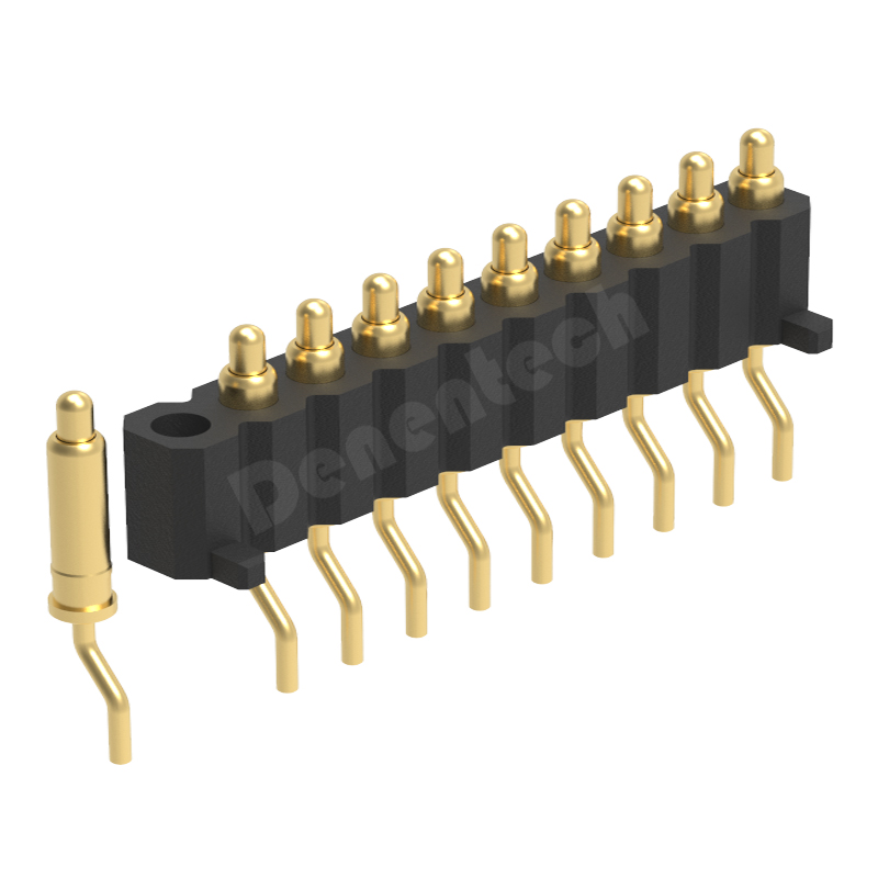 Denentech high quality 2.0mm pitch H4.0mm single row male right angle SMT pogo pin connector with peg