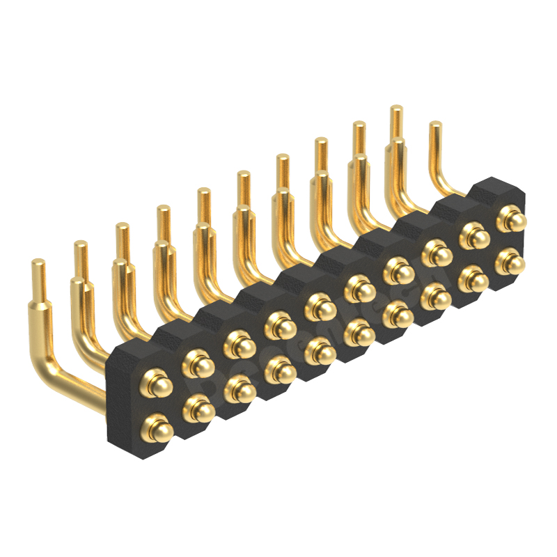 Denentech high quality 2.00mm pitch H1.27mm dual row male right angle DIP pogo pin connector