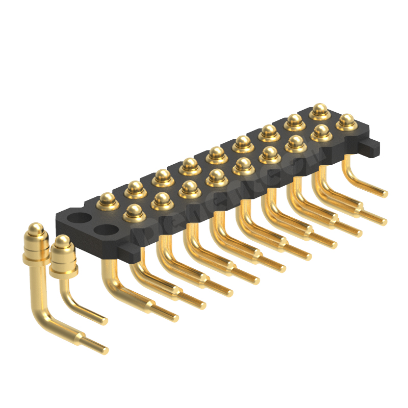 Denentech 2.0mm pitch H1.27 dual row male right angle DIP pogo pin connector with peg