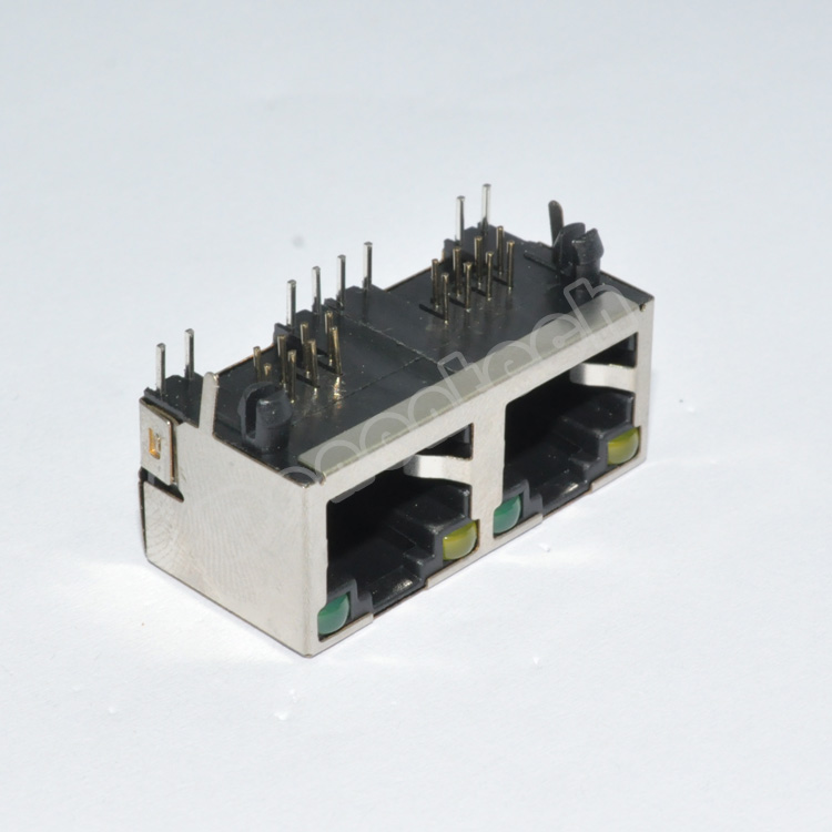 Denentech RJ45网络接口插座母座8P8C H13.10 1X2带灯 16.0长 变压器 RJ45母座直通头网口 插座