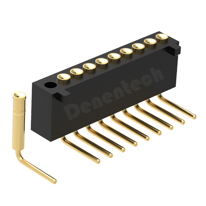 Denentech 精密环保 1.27MM弹簧针H4.0单排母座90度凹面带柱弯脚pogo pin探针