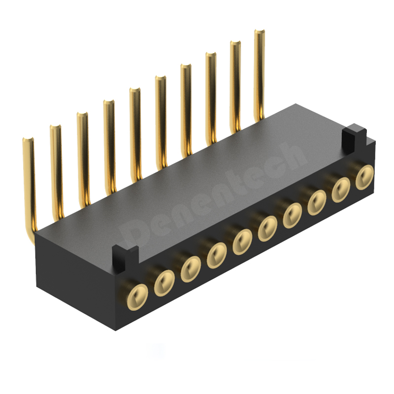 Denentech 精密环保 1.27MM弹簧针H4.0单排母座90度凹面带柱弯脚pogo pin探针