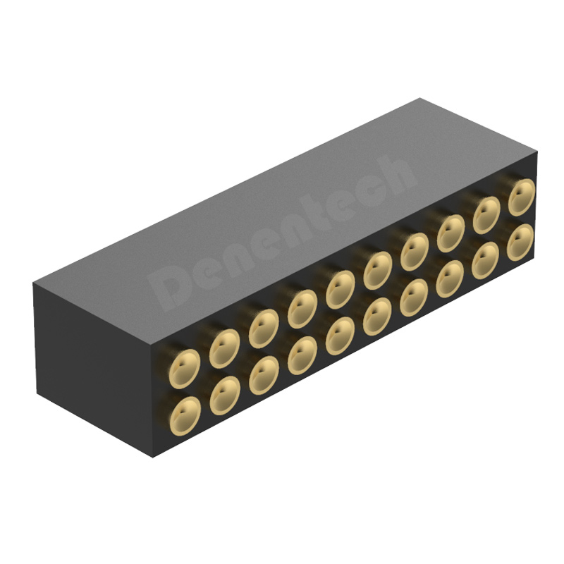 Denentech 专注品质1.27MM弹簧针H4.0双排母座180度SMT凹面接触镀金弹簧探针