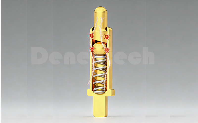 Denentech Pogo Pin三维拆解图，清晰展示带斜面结构的镀金针头、SUS304弹簧、带真空电镀层的黄铜针管，红色箭头标注电流路径