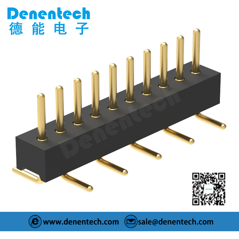 Denentech 工厂定制1.27MM圆P排针H2.20xW2.20单排立贴pin弯排针圆孔排针