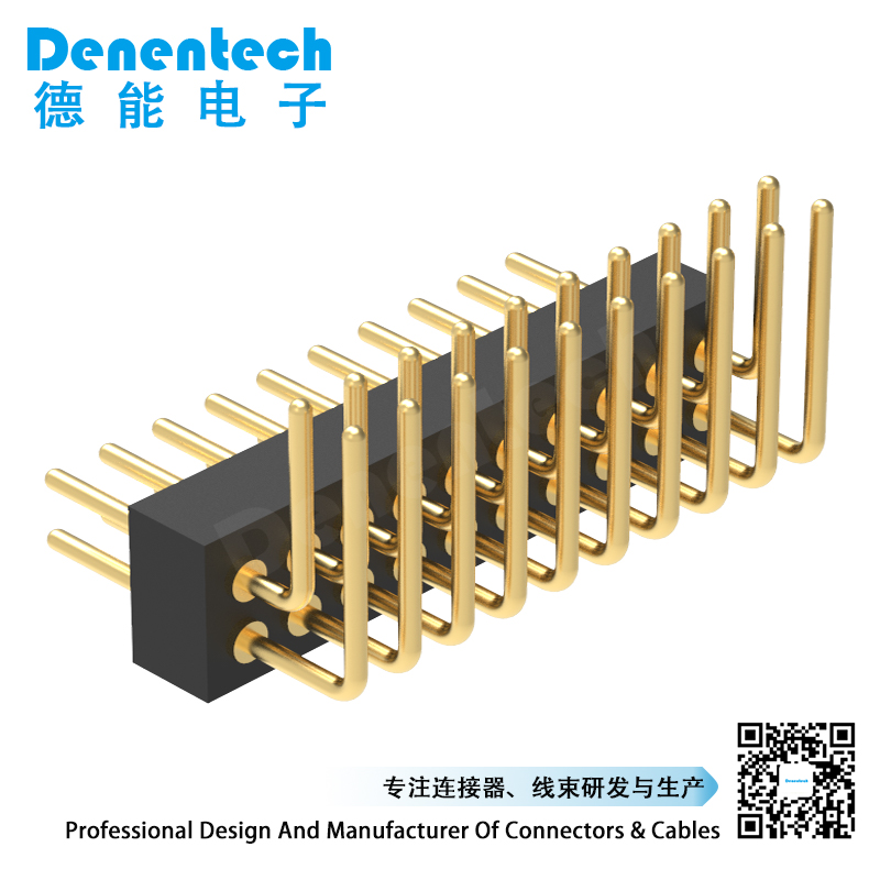Denentech 专业工厂 1.27MM圆P排针H1.90xW3.25双排90度变频器圆孔插针