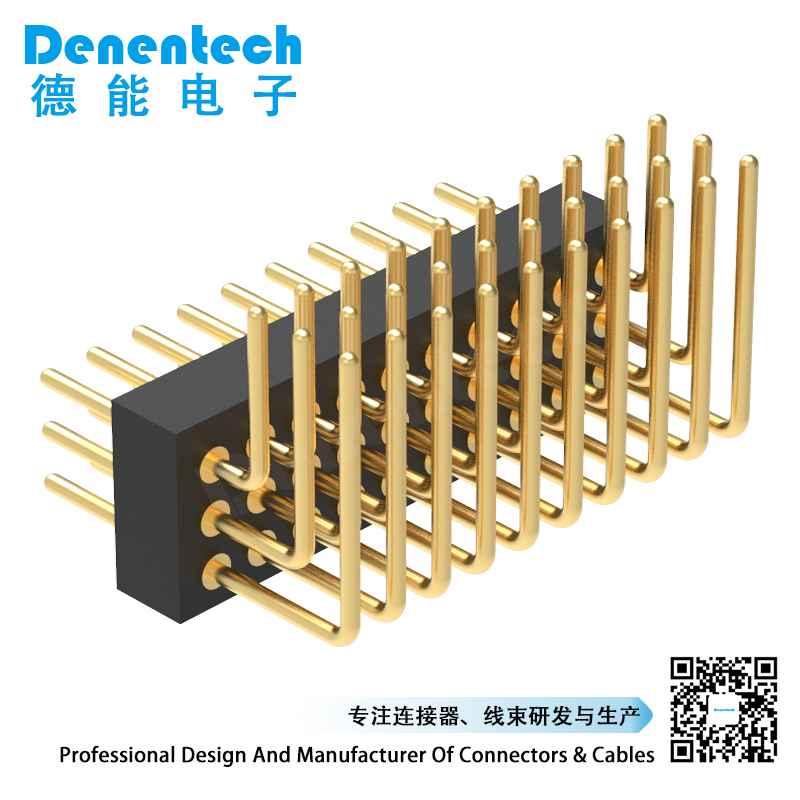 Denentech 定制1.27MM圆P排针H1.90xW4.52三排90度环保耐温镀金插针排针