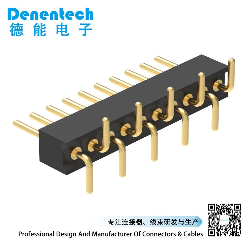 Denentech 工厂定制1.27MM圆P排针H2.20xW2.20单排立贴pin弯排针圆孔排针