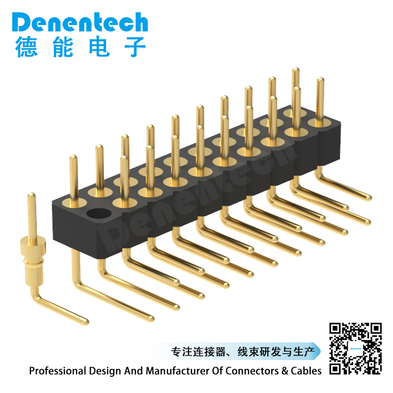 Denentech 优质工厂2.00MM圆P排针H2.80xW4.20双排90度镀金圆孔弯针接插件