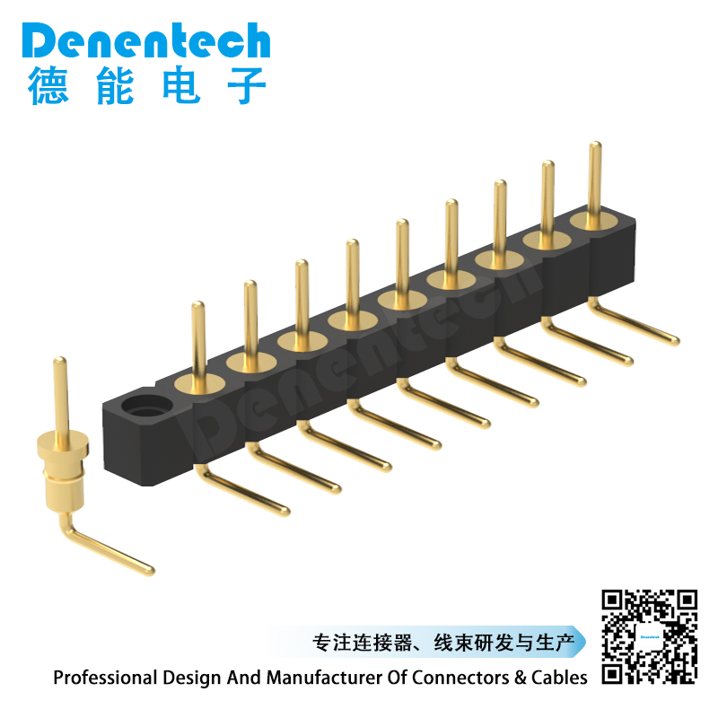 Denentech高质量镀金2.54MM圆P排针H3.00xW2.54单排90度弯针连接器