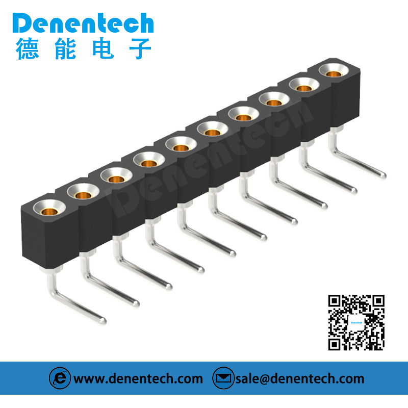 Denentech customized 2.54MM machined female header H3.00xW2.54 single row right angle curved needle row female connector