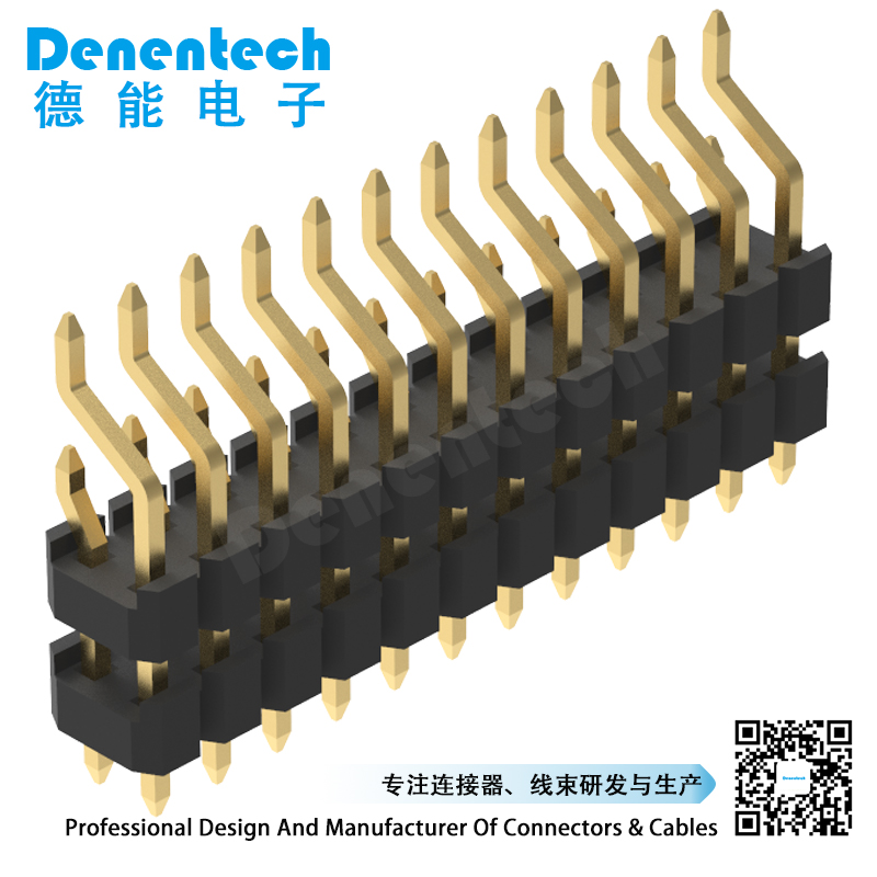 Denentech 2.54mm pin header dual row dual plastic SMT right angle with peg 2.54 male header round pin.