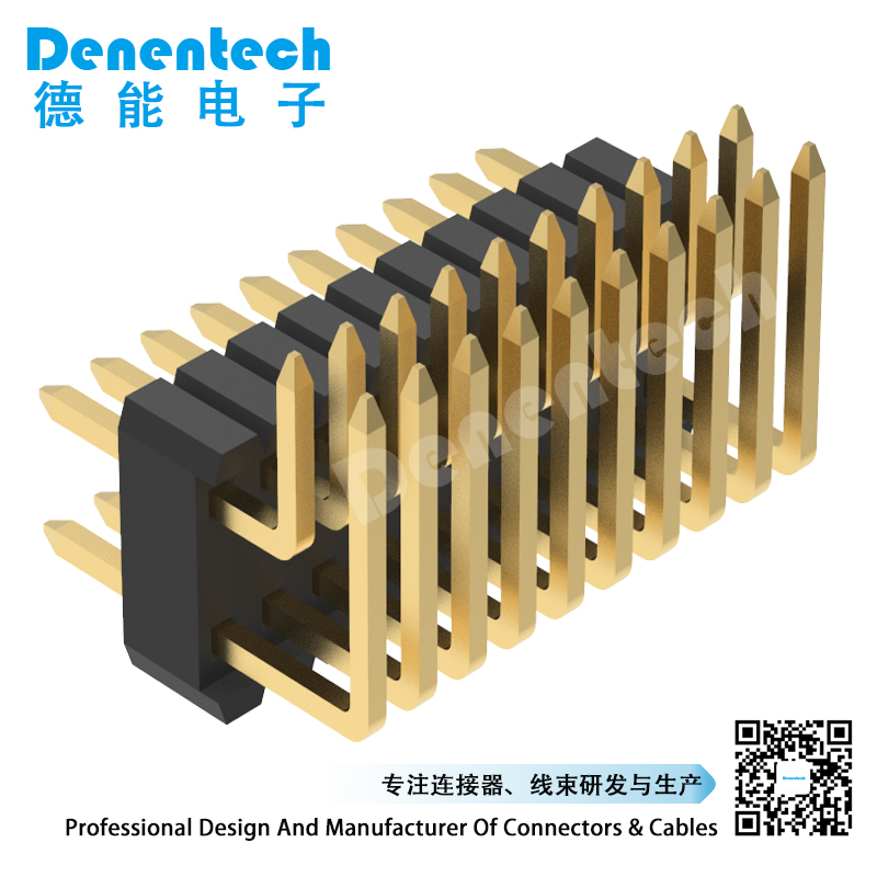 Denentech 厂家直销 1.27x2.54mm排针双排单塑90度 环保镀金双排排针 弯插